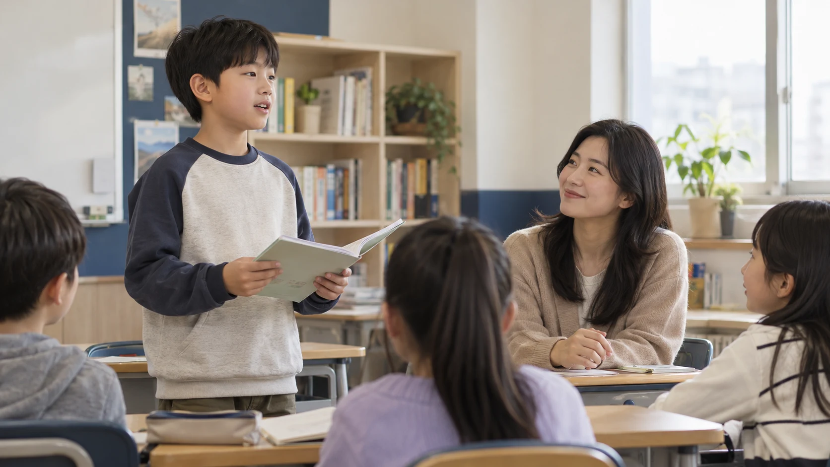 친구들 앞에서 발표하는 아이와 따뜻하게 바라보는 선생님을 표현한 AI 생성 이미지