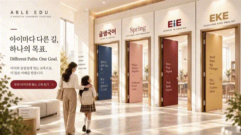 엄마와 아이가 글샘국어, Spring, EiE, EKE로 이어지는 길을 걸어가는 브랜드 애니메이션