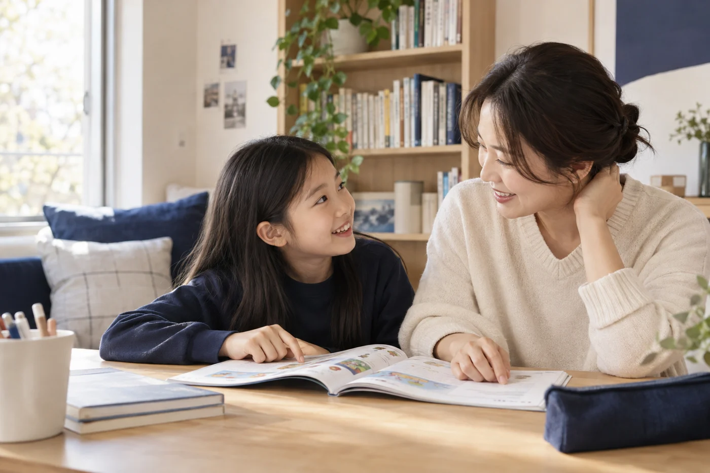 책을 보며 대화하는 가상의 학부모와 아이