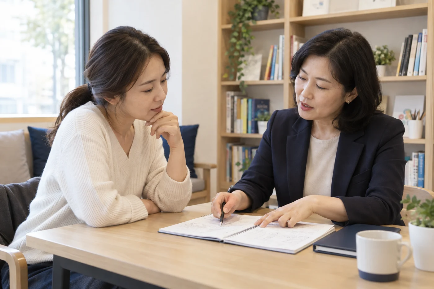 학습 노트를 살펴보며 대화하는 가상의 학부모와 선생님