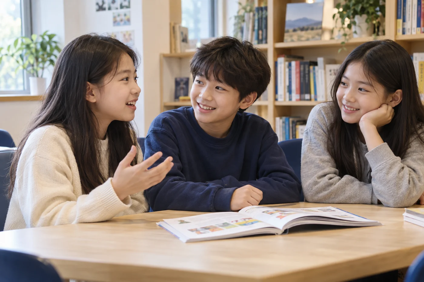 책을 펼쳐놓고 서로의 이야기를 나누는 가상의 학생들